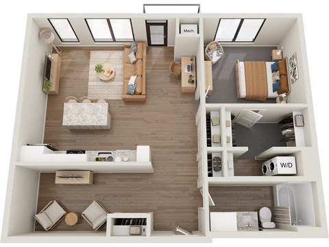 a 3d rendering of a floor plan with a bedroom and a living room